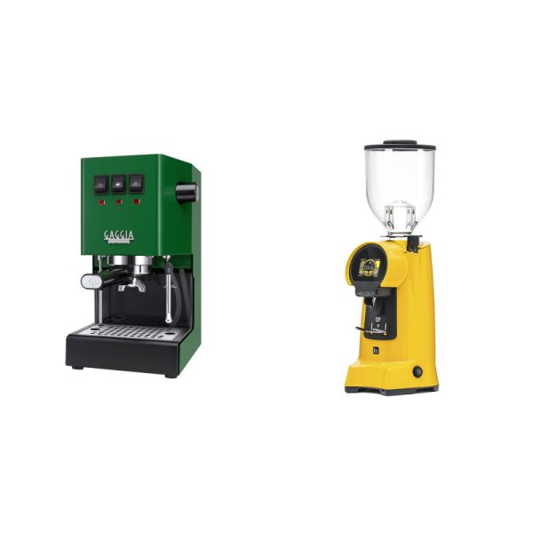 Gaggia New Classic E24, green + Eureka Helios 75, yellow