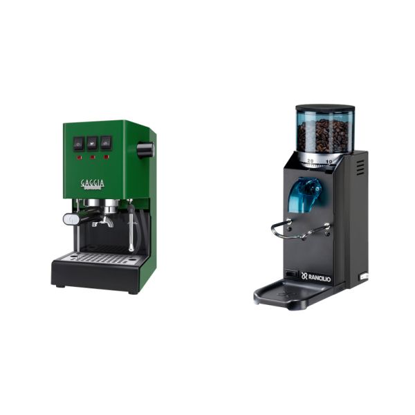 Gaggia New Classic E24, green + Rancilio Rocky Doserless, black