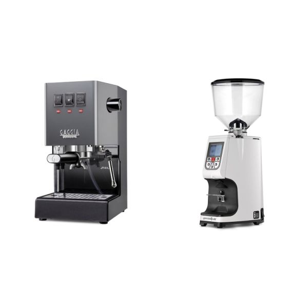 Gaggia New Classic E24, grey + Eureka Atom Specialty 65, white