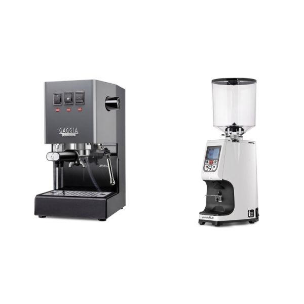 Gaggia New Classic E24, grey + Eureka Atom Specialty 75, white