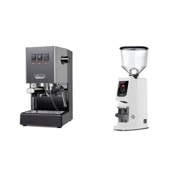 Gaggia New Classic E24, grey + Eureka Atom W 65, white