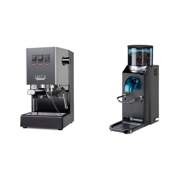 Gaggia New Classic E24, grey + Rancilio Rocky Doserless, black