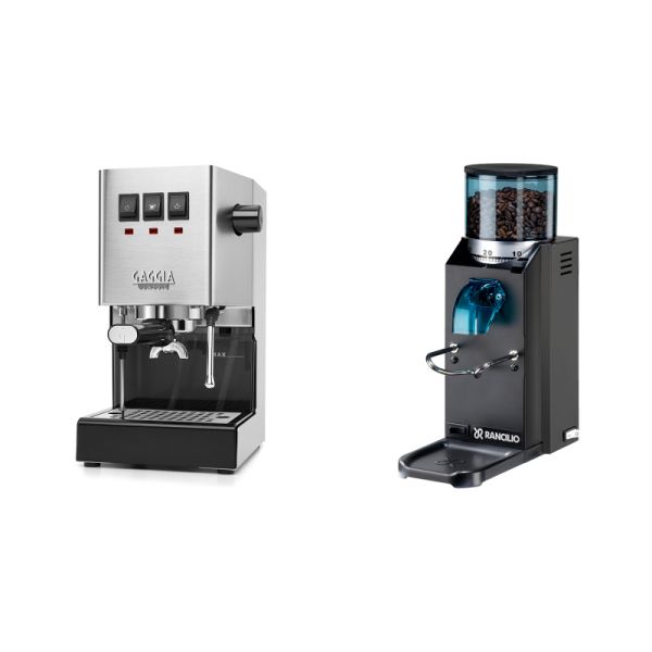 Gaggia New Classic E24, stainless steel + Rancilio Rocky Doserless, black