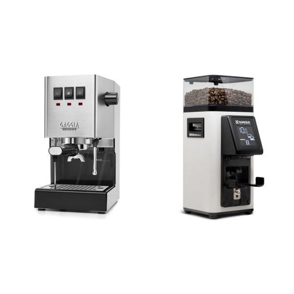 Gaggia New Classic E24, stainless steel + Rancilio STILE, white