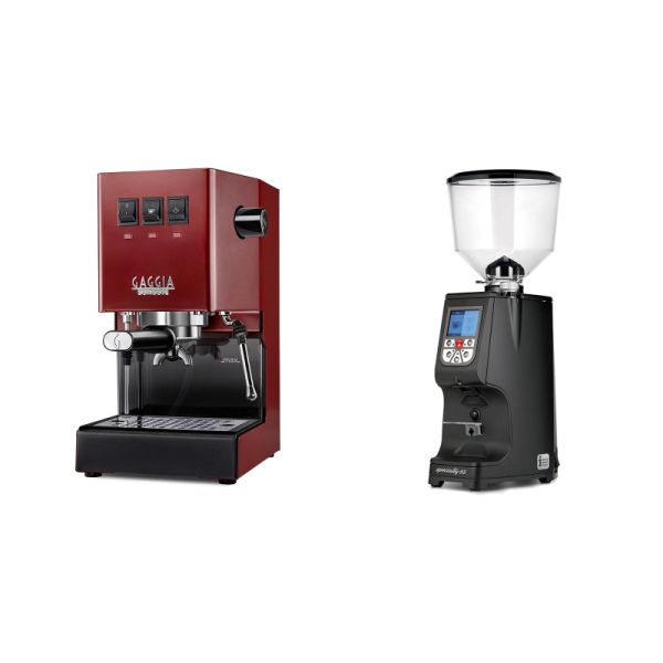 Gaggia New Classic E24, red + Eureka Atom Specialty 65, black