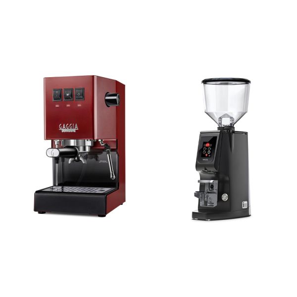 Gaggia New Classic E24, red + Eureka Atom W 65, black