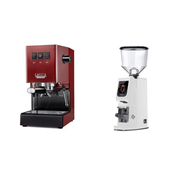 Gaggia New Classic E24, red + Eureka Atom W 65, white