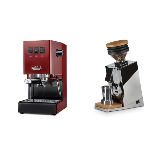 Gaggia New Classic E24, red + Eureka Mignon Single Dose, Chrome & Oak