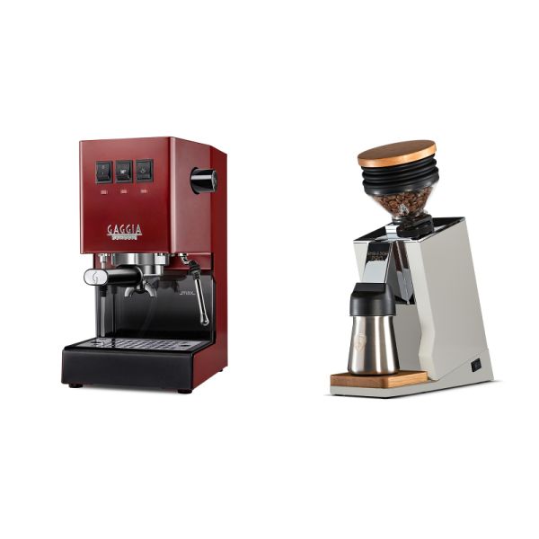 Gaggia New Classic E24, red + Eureka Mignon Single Dose PRO, White & Oak