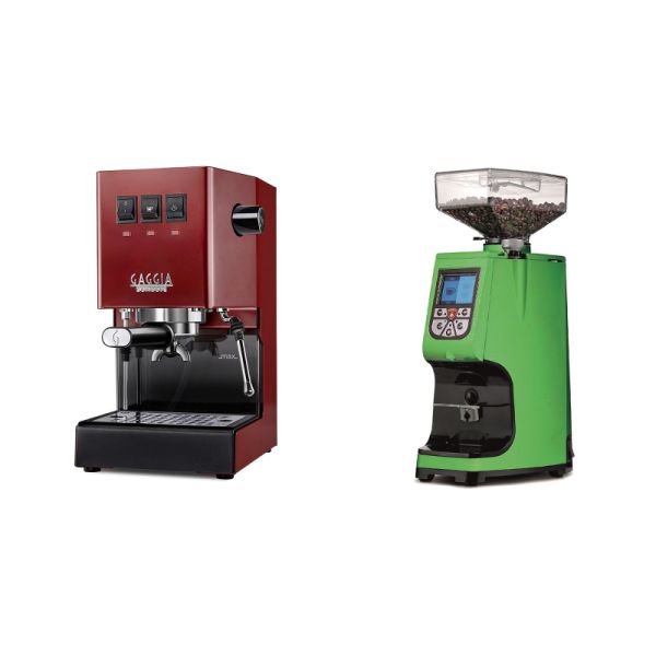 Gaggia New Classic E24, red + Eureka Atom 60, kawasaki green