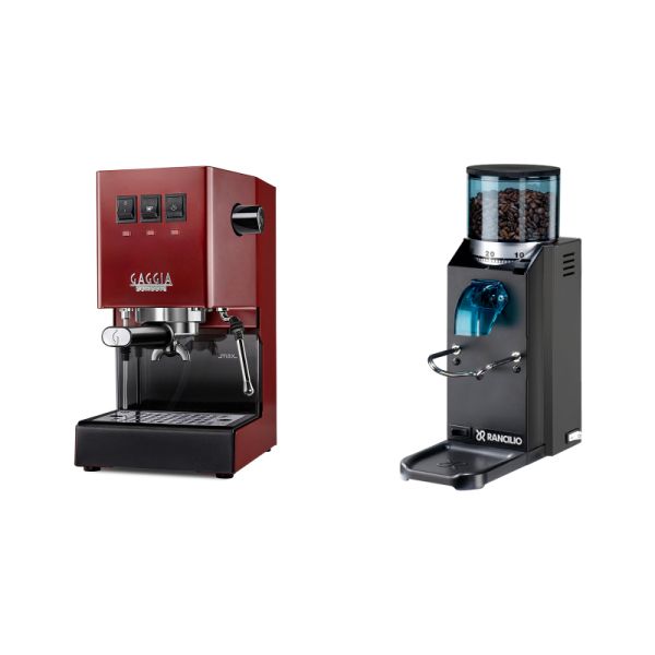 Gaggia New Classic E24, red + Rancilio Rocky Doserless, black