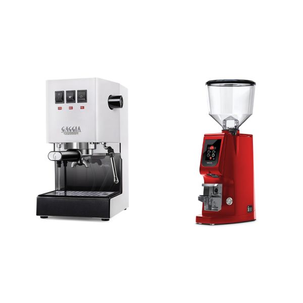 Gaggia New Classic E24, white + Eureka Atom W 65, ferrari red