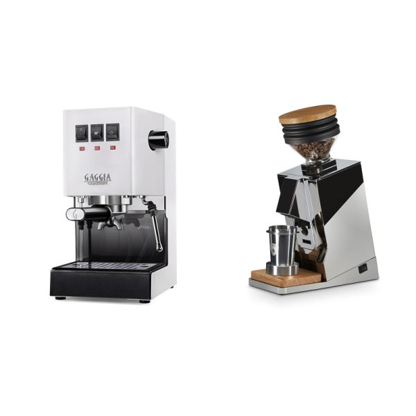 Gaggia New Classic E24, white + Eureka Mignon Single Dose, Chrome & Oak