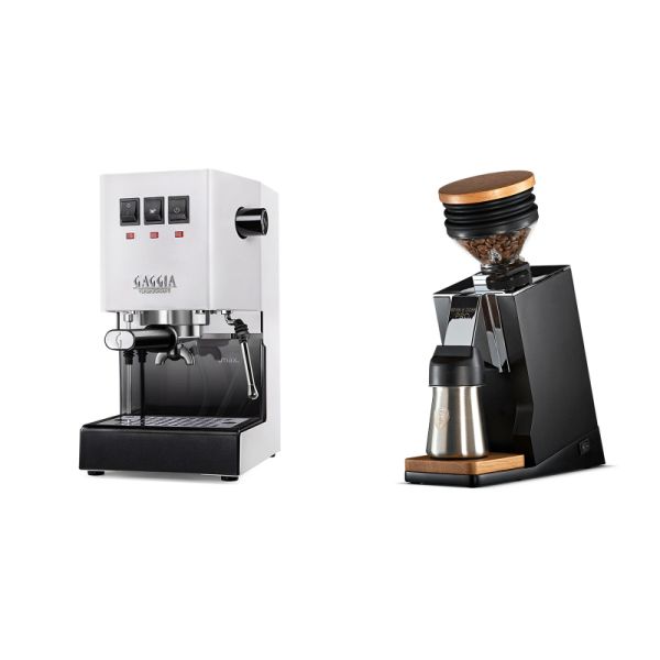 Gaggia New Classic E24, white + Eureka Mignon Single Dose PRO, Black & Oak