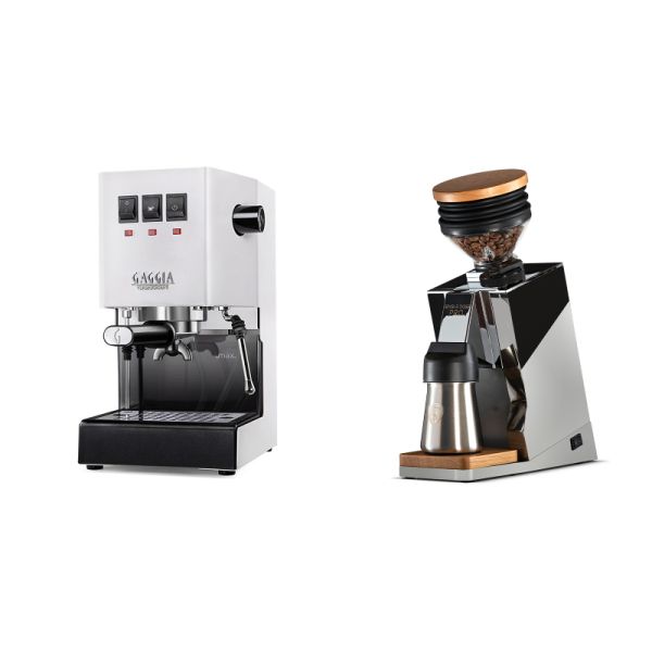 Gaggia New Classic E24, white + Eureka Mignon Single Dose PRO, Chrome & Oak