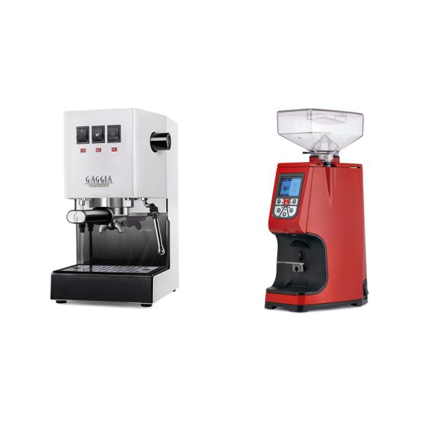 Gaggia New Classic E24, white + Eureka Atom 60, ferrari red