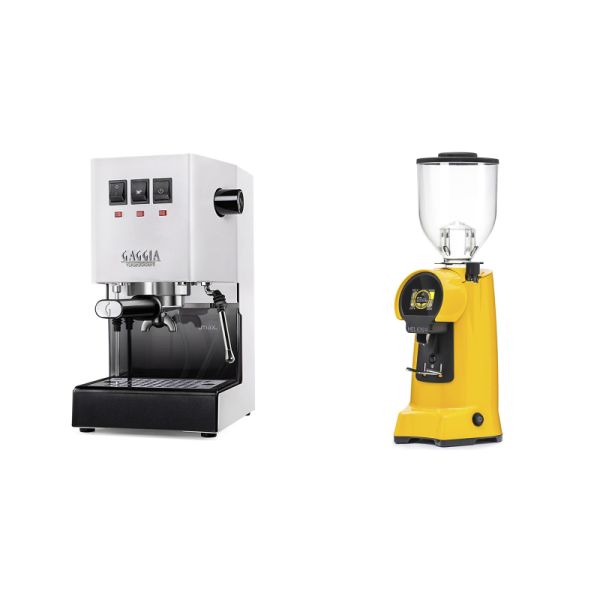 Gaggia New Classic E24, white + Eureka Helios 65, yellow