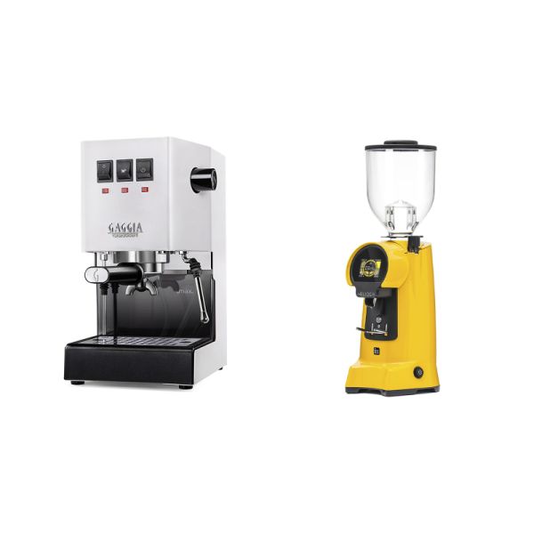 Gaggia New Classic E24, white + Eureka Helios 75, yellow