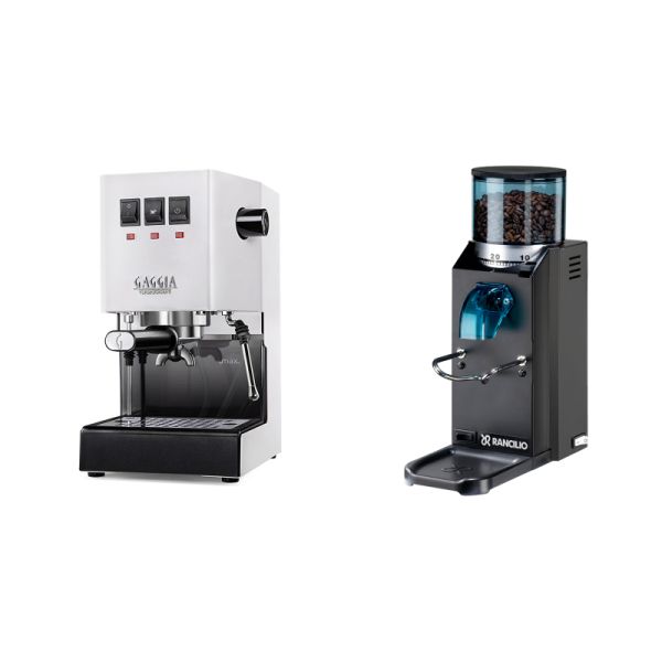 Gaggia New Classic E24, white + Rancilio Rocky Doserless, black