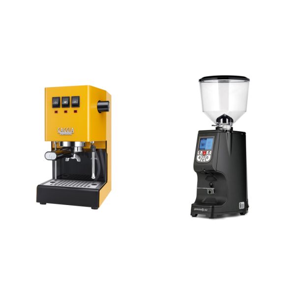 Gaggia New Classic E24, yellow + Eureka Atom Specialty 65, black