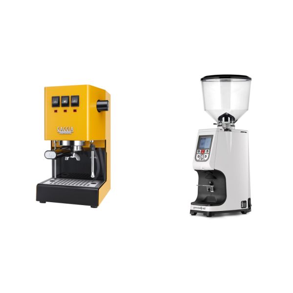 Gaggia New Classic E24, yellow + Eureka Atom Specialty 65, white