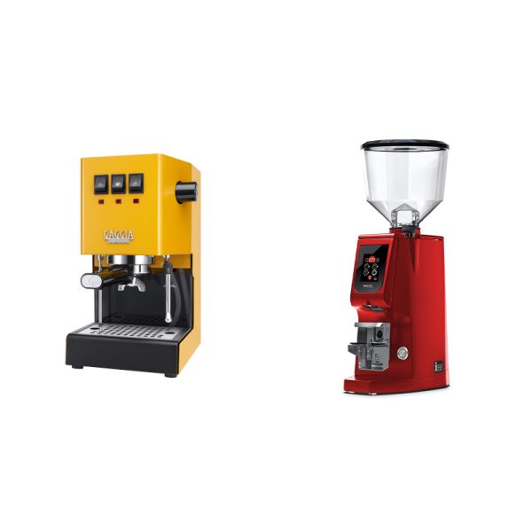 Gaggia New Classic E24, yellow + Eureka Atom W 65, ferrari red