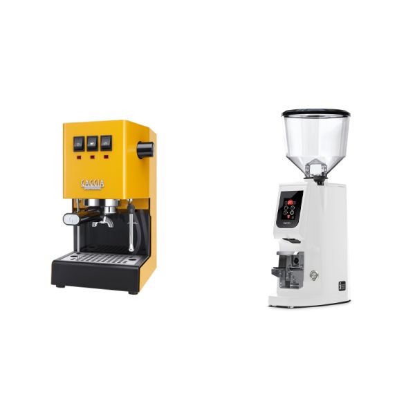 Gaggia New Classic E24, yellow + Eureka Atom W 65, white