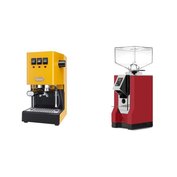 Gaggia New Classic E24, yellow + Eureka Mignon Bravo, CR ferrari red