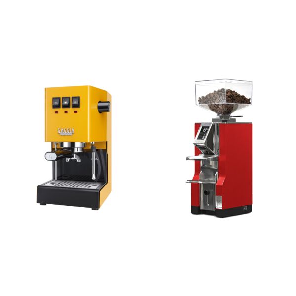 Gaggia New Classic E24, yellow + Eureka Mignon Libra, CR ferrari red