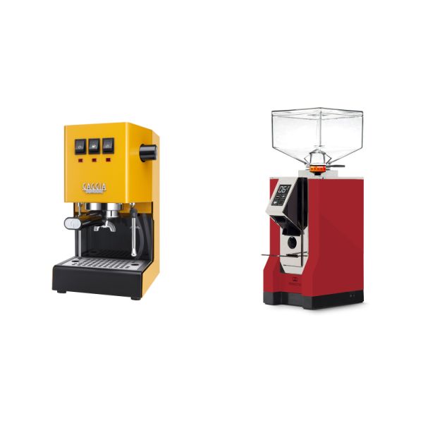 Gaggia New Classic E24, yellow + Eureka Mignon Perfetto, CR ferrari red