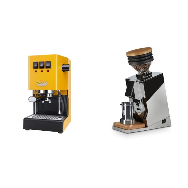 Gaggia New Classic E24, yellow + Eureka Mignon Single Dose, Chrome & Oak