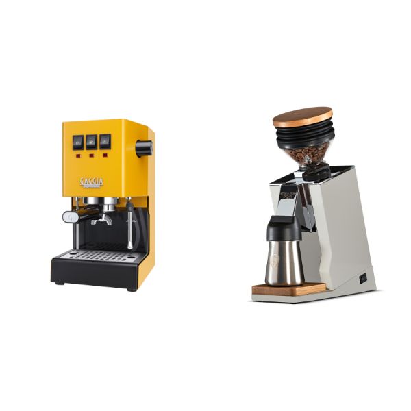 Gaggia New Classic E24, yellow + Eureka Mignon Single Dose PRO, White & Oak