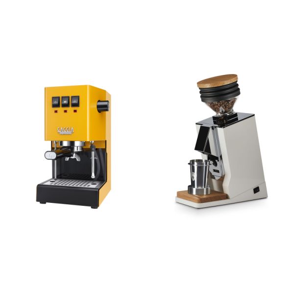 Gaggia New Classic E24, yellow + Eureka Mignon Single Dose, White & Oak