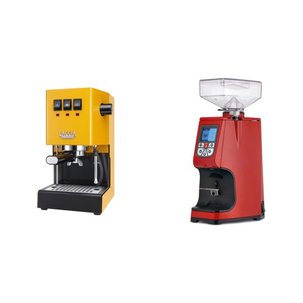 Gaggia New Classic E24, yellow + Eureka Atom 60, ferrari red