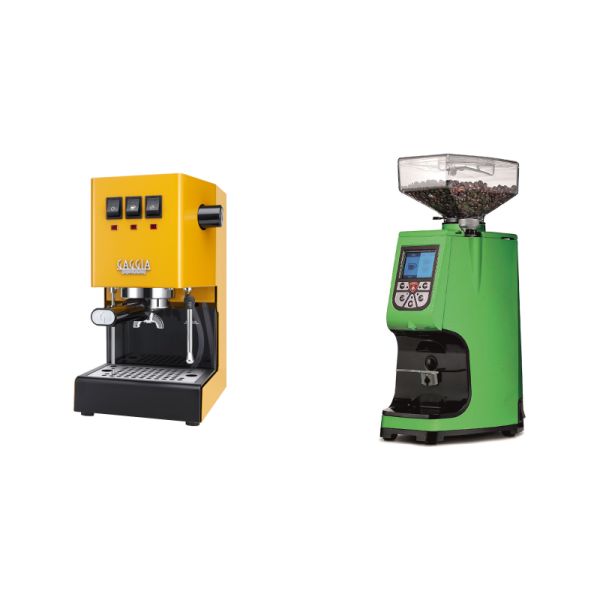 Gaggia New Classic E24, yellow + Eureka Atom 60, kawasaki green