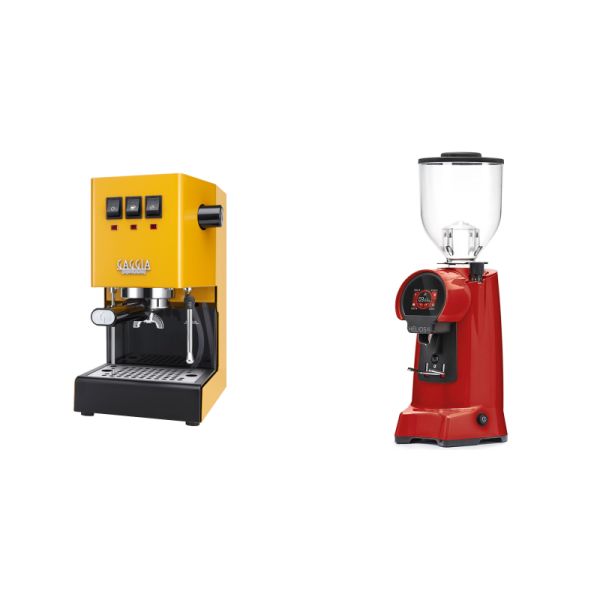 Gaggia New Classic E24, yellow + Eureka Helios 65, ferrari red