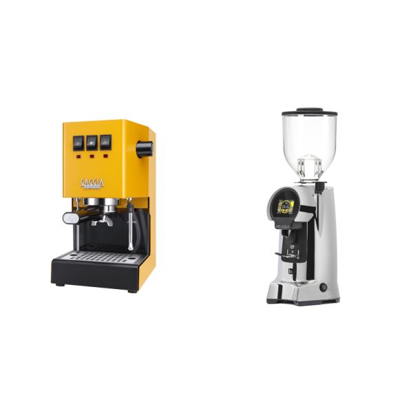 Gaggia New Classic E24, yellow + Eureka Helios 75, chrome