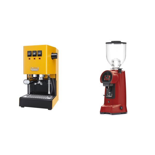 Gaggia New Classic E24, yellow + Eureka Helios 75, ferrari red