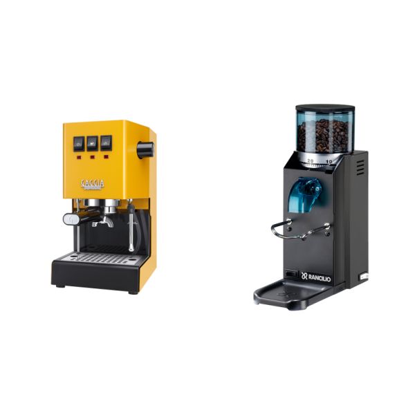 Gaggia New Classic E24, yellow + Rancilio Rocky Doserless, black