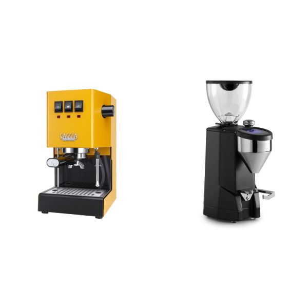 Gaggia New Classic E24, yellow + Rocket Espresso SUPER FAUSTO, black