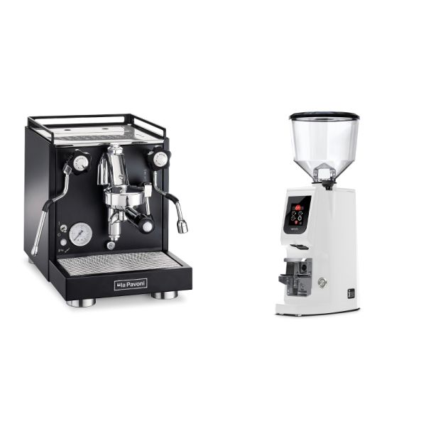 La Pavoni Cellini Classic, black + Eureka Atom W 65, white