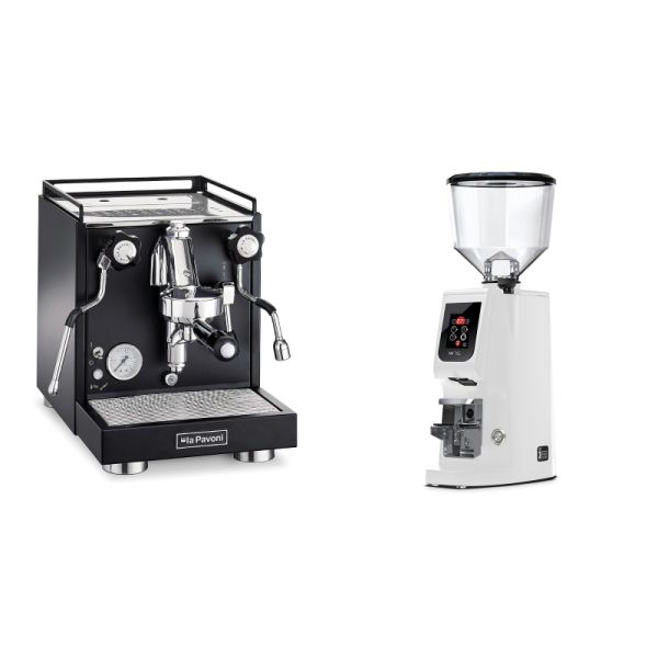 La Pavoni Cellini Classic, black + Eureka Atom W 75, white