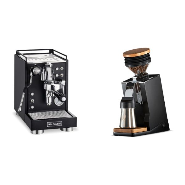 La Pavoni Mini Cellini, black + Eureka Mignon Single Dose PRO, Black & Oak