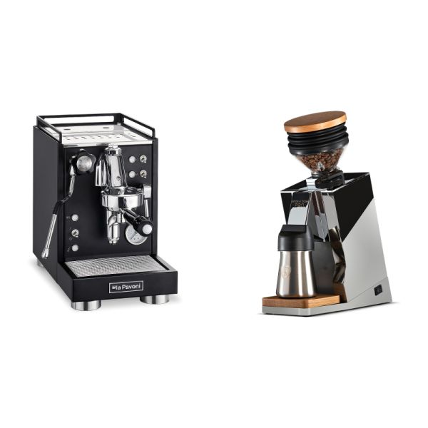 La Pavoni Mini Cellini, black + Eureka Mignon Single Dose PRO, Chrome & Oak