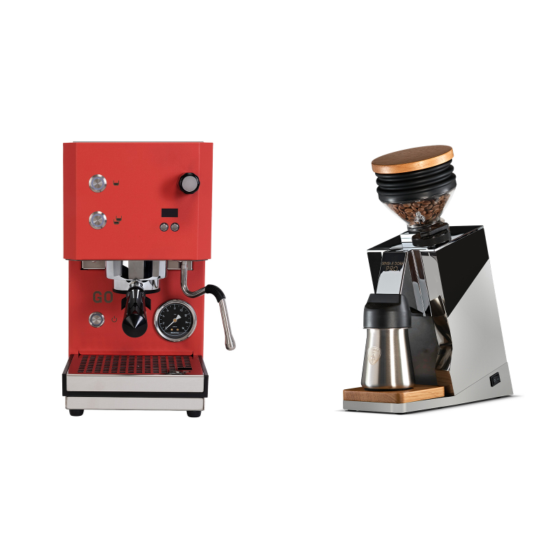 Profitec GO 2.0, red + Eureka Mignon Single Dose PRO, Chrome & Oak Profitec GO 2.0, red + Eureka Mignon Single Dose PRO, Chrome & Oak