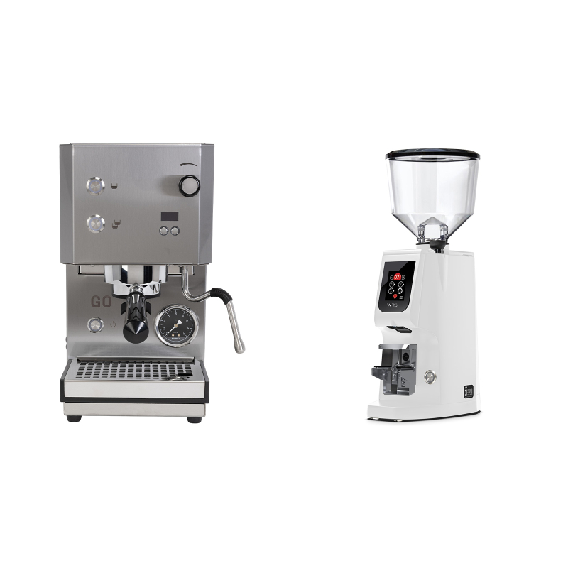 Profitec GO 2.0, brushed stainless steel + Eureka Atom W 75, white Profitec GO 2.0, brushed stainless steel + Eureka Atom W 75, white