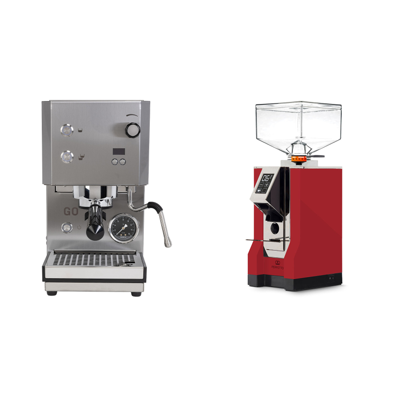 Profitec GO 2.0, brushed stainless steel + Eureka Mignon Perfetto, CR ferrari red Profitec GO 2.0, brushed stainless steel + Eureka Mignon Perfetto, CR ferrari red