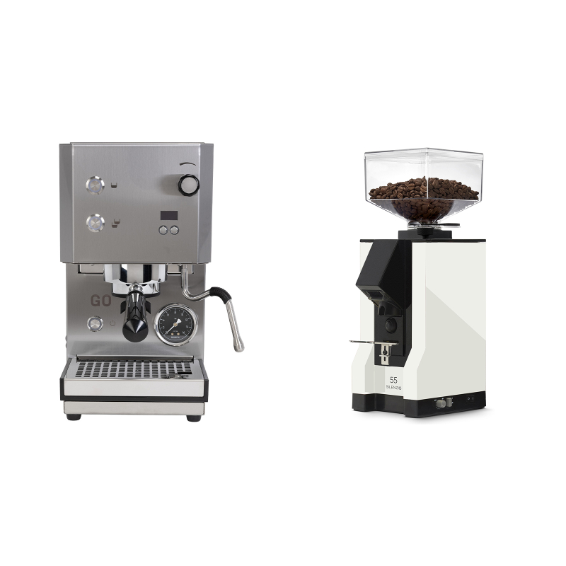 Profitec GO 2.0, brushed stainless steel + Eureka Mignon Silenzio 55, BL white Profitec GO 2.0, brushed stainless steel + Eureka Mignon Silenzio 55, BL white