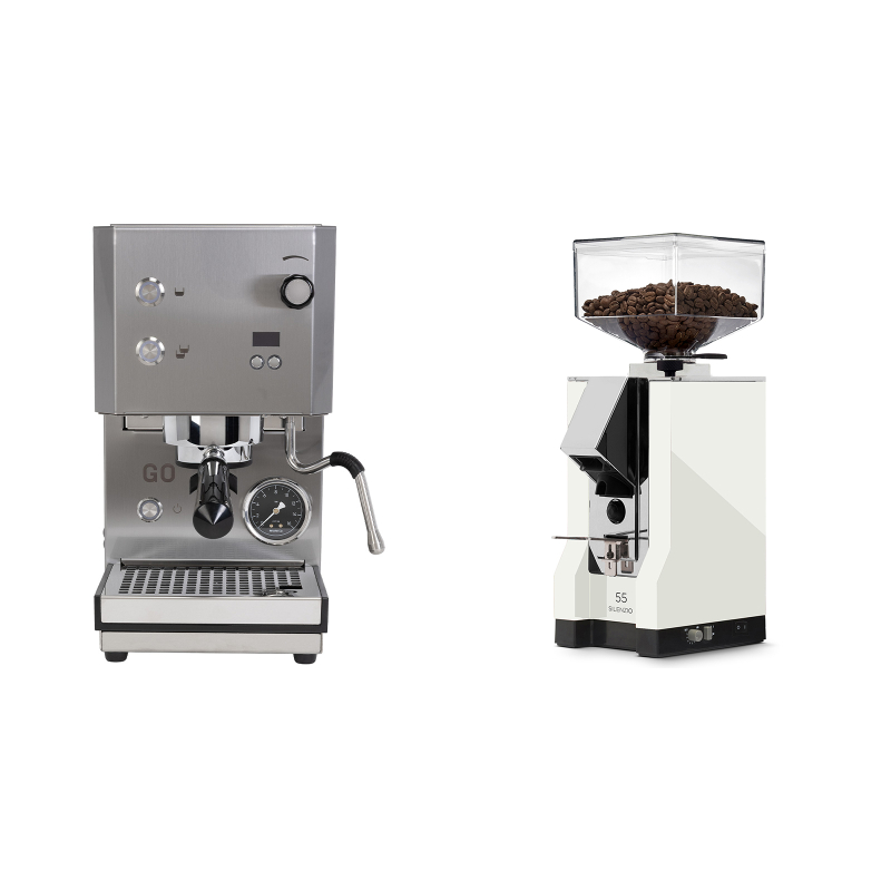 Profitec GO 2.0, brushed stainless steel + Eureka Mignon Silenzio 55, CR white Profitec GO 2.0, brushed stainless steel + Eureka Mignon Silenzio 55, CR white