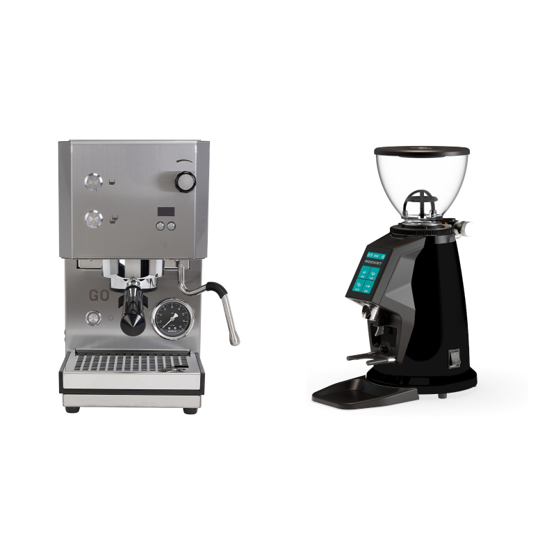 Profitec GO 2.0, brushed stainless steel + Rocket Espresso SPLUGA, black